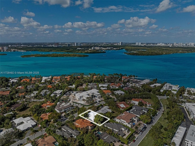 bird's eye view with a water view