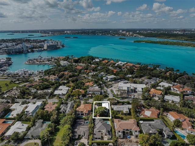 drone / aerial view featuring a water view