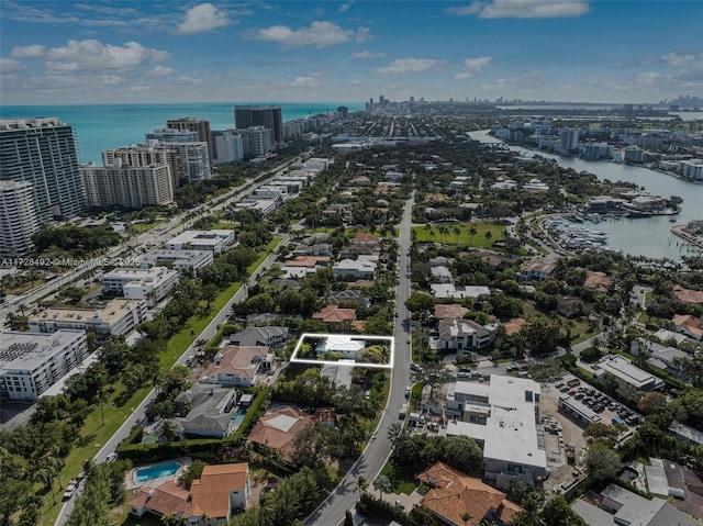 aerial view featuring a water view