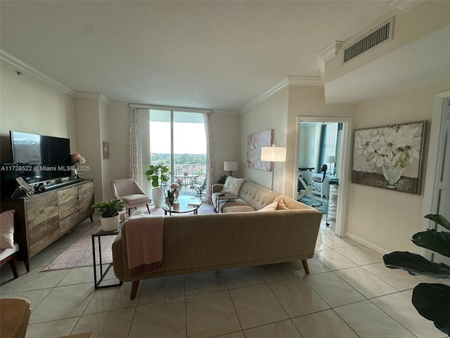 tiled living room featuring ornamental molding