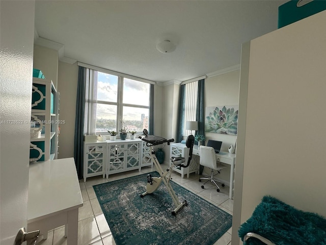 home office featuring light tile patterned floors and crown molding