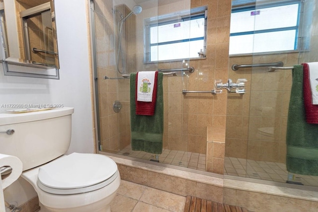 bathroom with toilet, a shower with shower door, and plenty of natural light