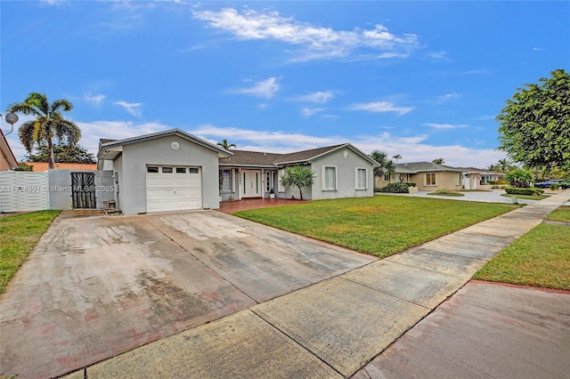 ranch-style house featuring a garage and a front yard