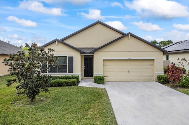 ranch-style home featuring stucco siding, driveway, a garage, and a front lawn