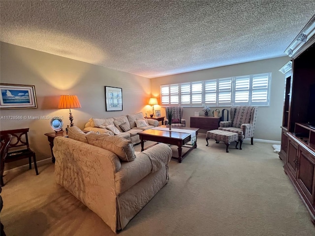 living room with light colored carpet and a textured ceiling