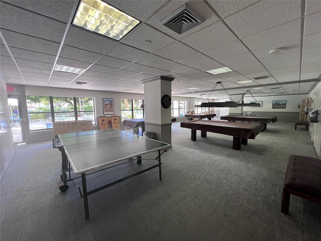 rec room with a paneled ceiling, carpet, and billiards