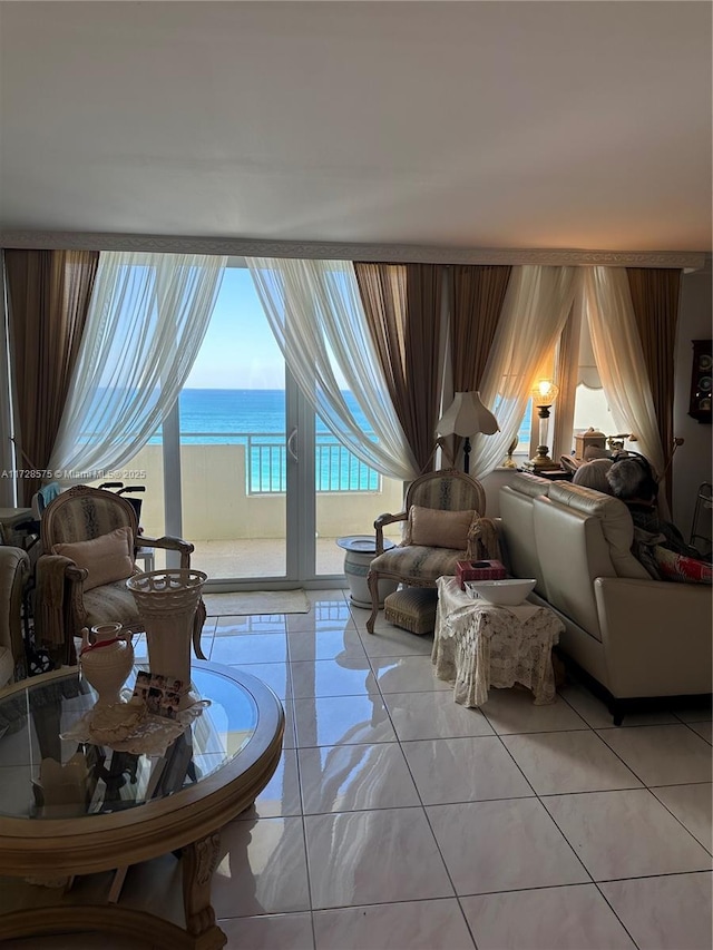 living area with a water view