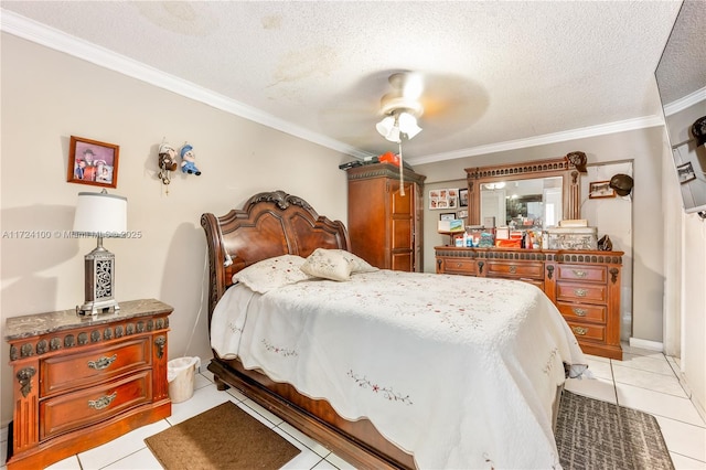 tiled bedroom with a textured ceiling, ceiling fan, and crown molding