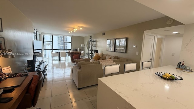 living room featuring a wall of windows and light tile patterned flooring