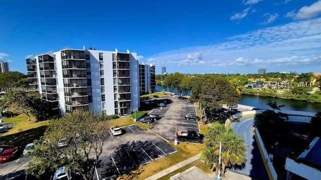 view of building exterior featuring a water view