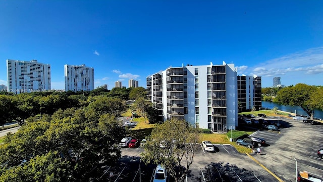 view of building exterior with a water view