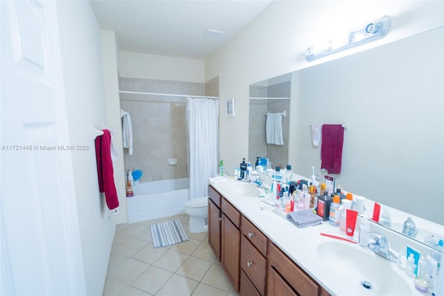 full bathroom featuring tile patterned floors, toilet, shower / tub combo, and vanity