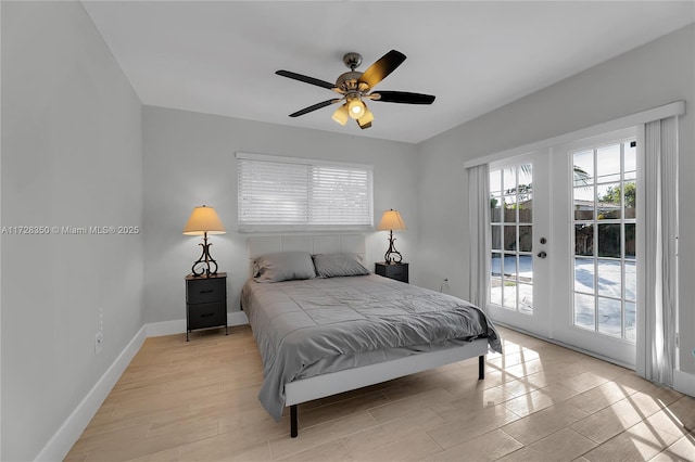 bedroom featuring ceiling fan, access to exterior, and french doors