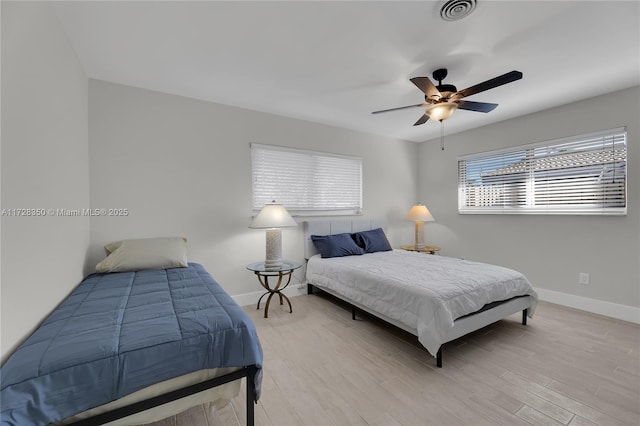 bedroom featuring ceiling fan and light wood-type flooring