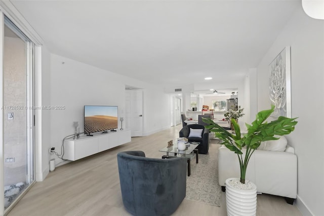 living room with ceiling fan and light wood-type flooring