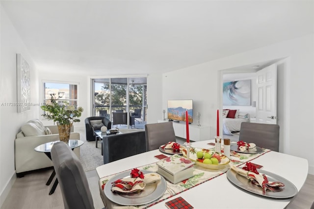 dining space with floor to ceiling windows and light hardwood / wood-style flooring