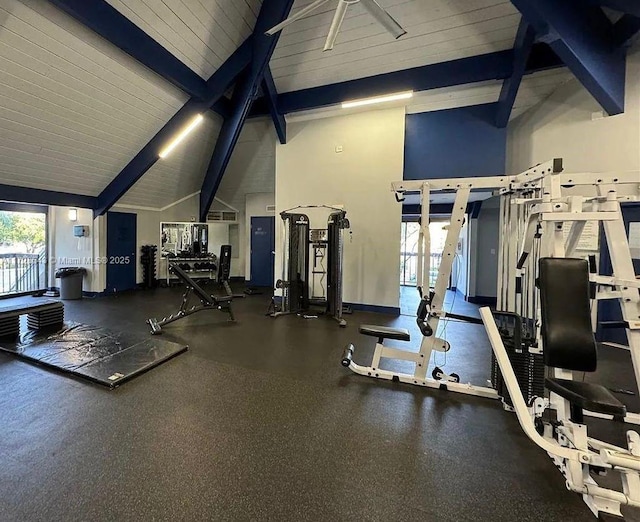 workout area featuring high vaulted ceiling