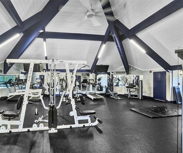 workout area with lofted ceiling and ceiling fan