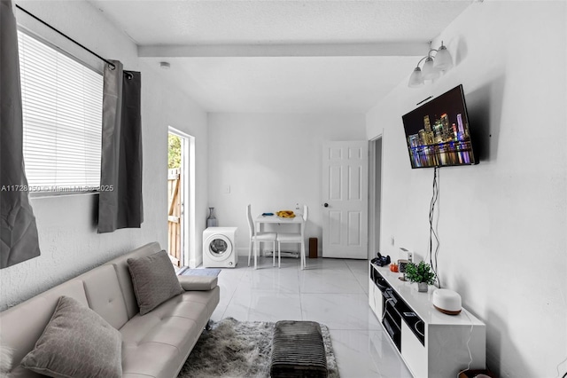 living room with beam ceiling