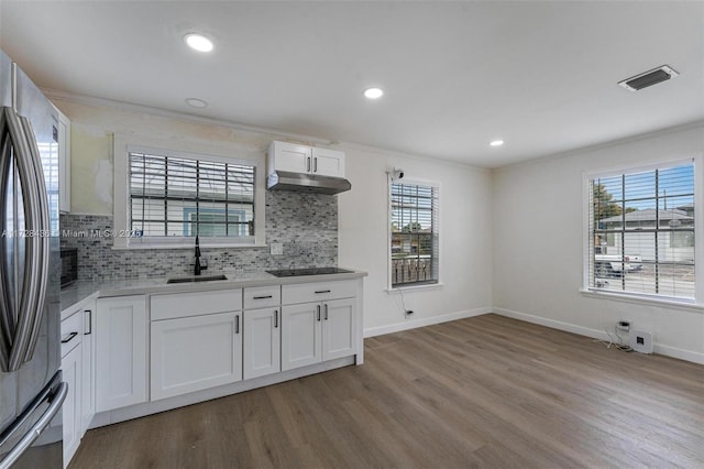 kitchen featuring under cabinet range hood, light wood-style floors, freestanding refrigerator, and a sink