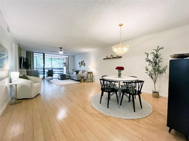 dining area featuring ceiling fan with notable chandelier, a textured ceiling, and light hardwood / wood-style flooring