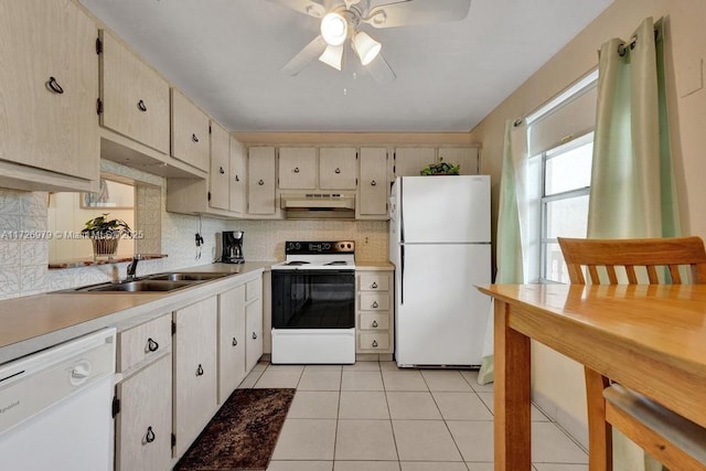 kitchen with ceiling fan, white appliances, cream cabinets, and light tile patterned flooring