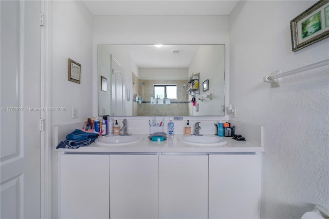 bathroom with a shower and vanity