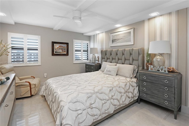 1201 S Ocean Dr Unit 2505N, Hollywood, FL 33019 - bedroom with light tile patterned floors, beamed ceiling, a ceiling fan, coffered ceiling, and recessed lighting