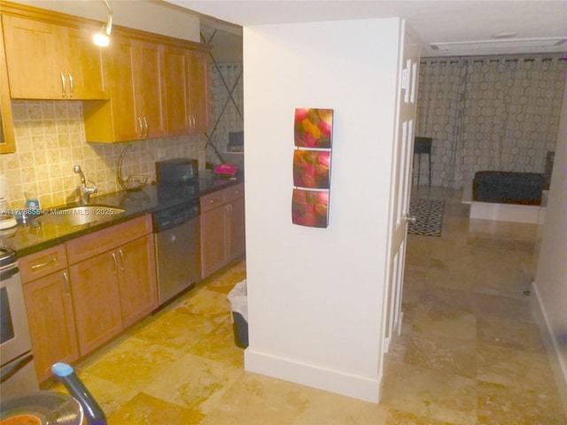 kitchen with decorative backsplash, sink, stainless steel dishwasher, and range with electric stovetop