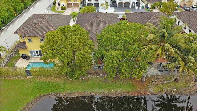 drone / aerial view featuring a water view