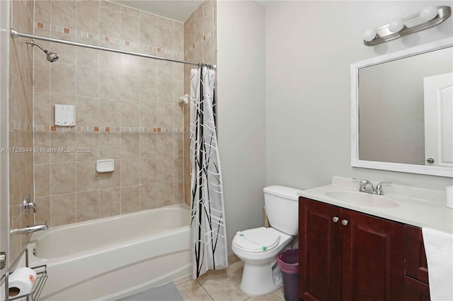 full bathroom featuring shower / bath combination with curtain, vanity, toilet, and tile patterned flooring