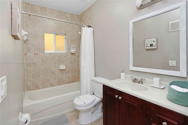 full bathroom featuring tile patterned flooring, vanity, shower / bathtub combination with curtain, and toilet