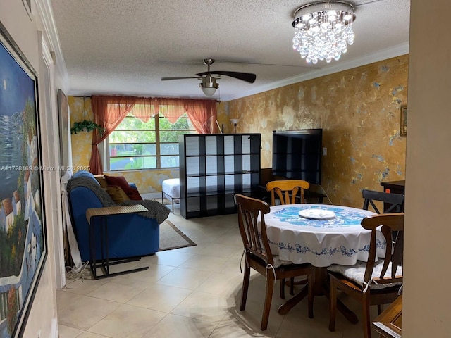 dining space featuring a textured ceiling, crown molding, and ceiling fan with notable chandelier