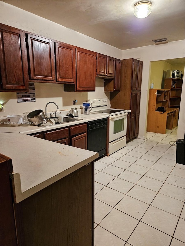 kitchen with dishwasher, sink, white electric range oven, and light tile patterned floors