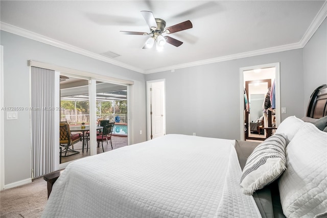 carpeted bedroom with ceiling fan, a walk in closet, access to exterior, and ornamental molding