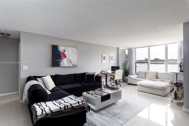 living room featuring a textured ceiling