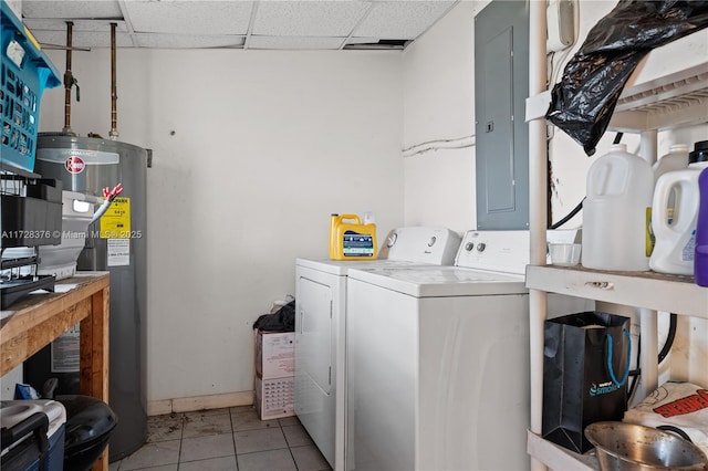 clothes washing area with water heater, light tile patterned floors, electric panel, and independent washer and dryer