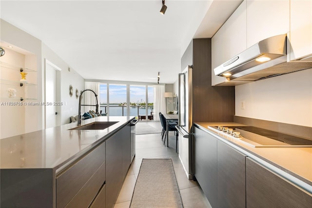 kitchen with white cabinets, appliances with stainless steel finishes, sink, a water view, and light tile patterned flooring