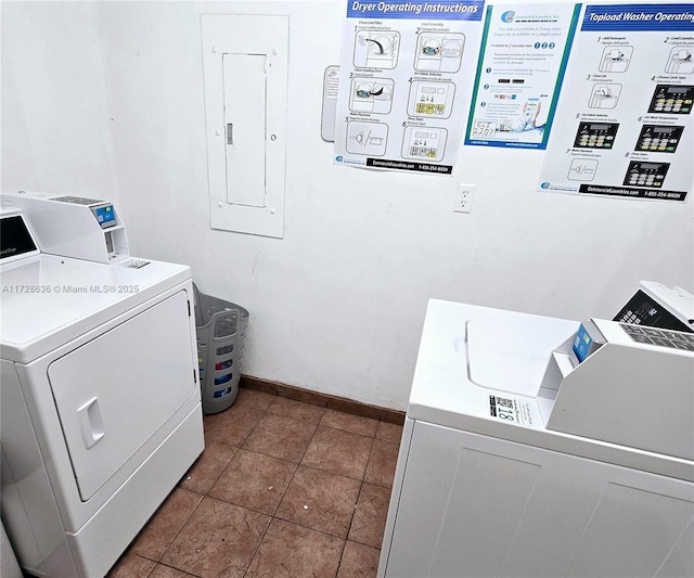 clothes washing area featuring dark tile patterned floors, independent washer and dryer, and electric panel