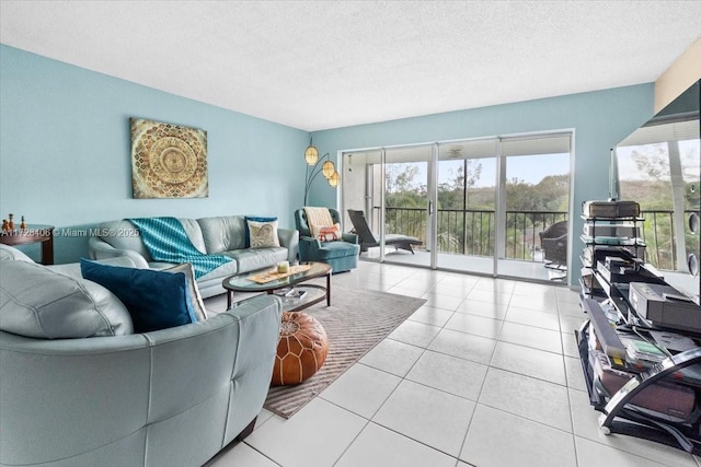 tiled living room with a textured ceiling