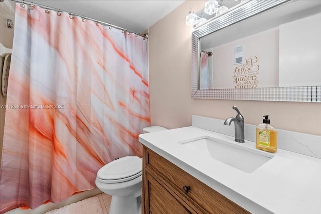 bathroom featuring toilet, tile patterned flooring, a shower with curtain, and vanity