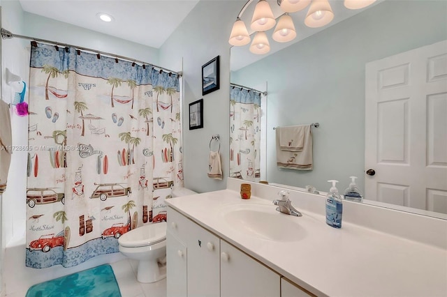 full bathroom featuring tile patterned floors, vanity, toilet, and shower / tub combo with curtain