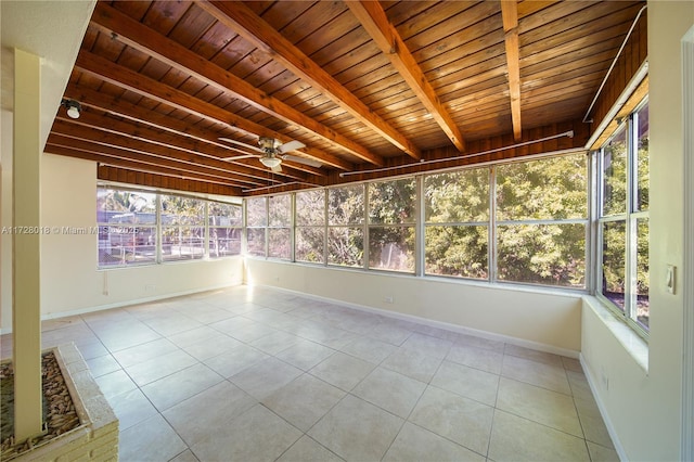 unfurnished sunroom featuring beamed ceiling, ceiling fan, and wood ceiling