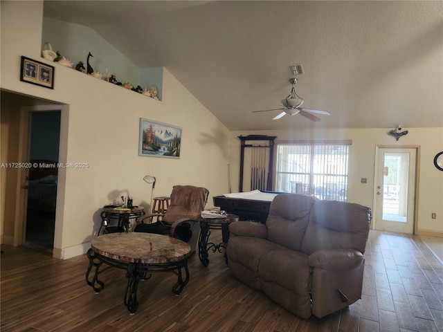 living room featuring vaulted ceiling, ceiling fan, dark hardwood / wood-style flooring, and pool table