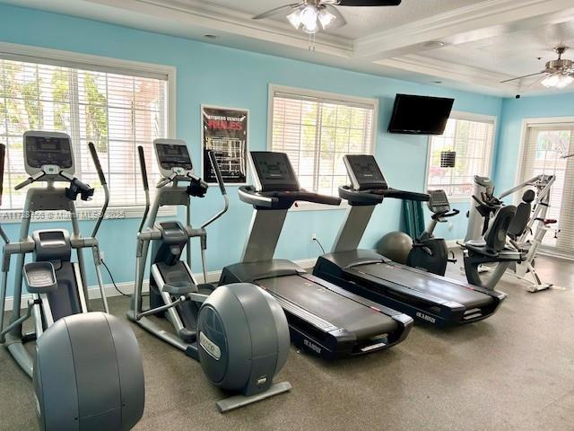 workout area with ceiling fan, a healthy amount of sunlight, and ornamental molding