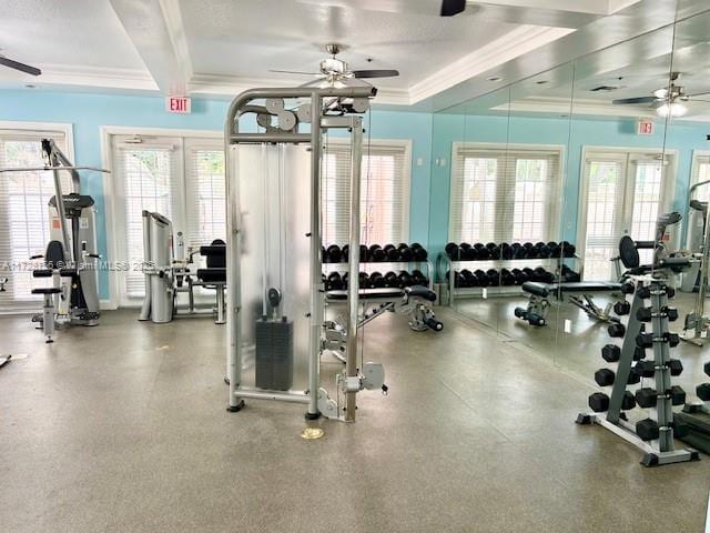 workout area featuring ceiling fan