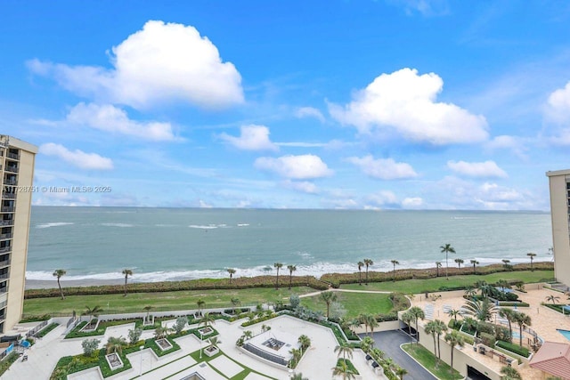 property view of water featuring a beach view