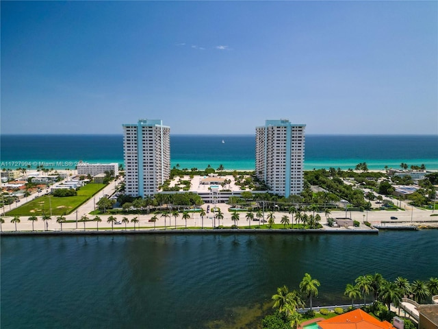 bird's eye view with a water view