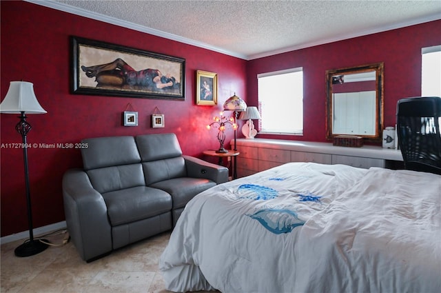 bedroom with crown molding and a textured ceiling