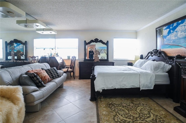 tiled bedroom with crown molding and a textured ceiling